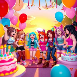 A lively party scene featuring Roblox girls enjoying themselves, dressed in colorful and trendy outfits