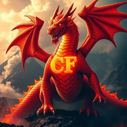A majestic, fiery dragon with scales that shimmer in vivid hues of red, orange, and gold, embodying the essence of flames