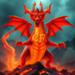 A majestic, fiery dragon with scales that shimmer in vivid hues of red, orange, and gold, embodying the essence of flames