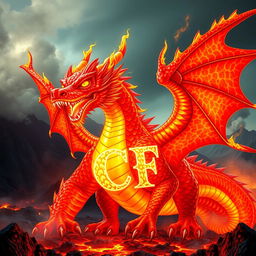 A majestic, fiery dragon with scales that shimmer in vivid hues of red, orange, and gold, embodying the essence of flames
