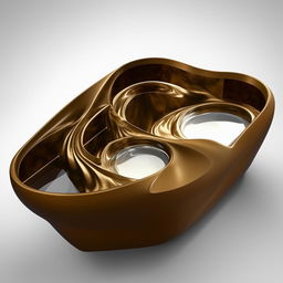 A conceptual design for a 20x8 vanity container for a celebrity, incorporating fluid curves and rounded structures for a refined yet extravagant aesthetic.