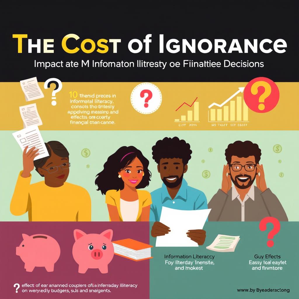A visually compelling infographic illustrating 'The Cost of Ignorance: Impact of Information Illiteracy on Financial Decisions'