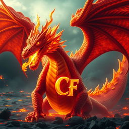 A powerful and majestic fire-breathing dragon, its scales shimmering in shades of red and gold, exuding an aura of strength and fierceness