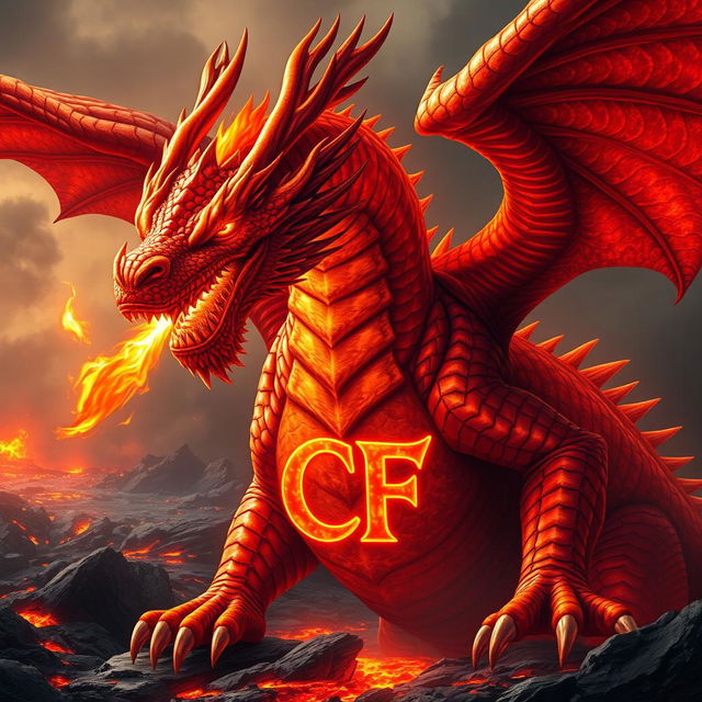 A powerful and majestic fire-breathing dragon, its scales shimmering in shades of red and gold, exuding an aura of strength and fierceness