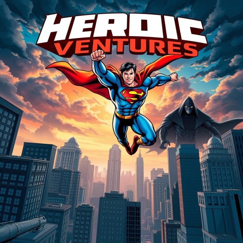 A dynamic comic book cover featuring a powerful superhero in mid-action, soaring through a cityscape filled with skyscrapers