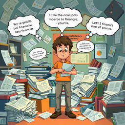 An educational illustration depicting the impact of illiteracy on financial decisions