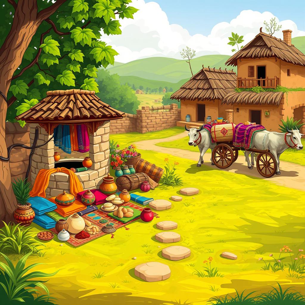 An illustrative scene of a vibrant Maharashtrian village setting, showcasing a traditional well surrounded by lush greenery