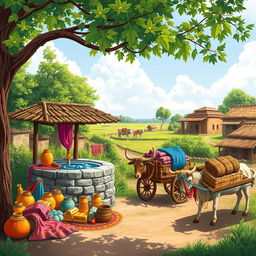 An illustrative scene of a vibrant Maharashtrian village setting, showcasing a traditional well surrounded by lush greenery
