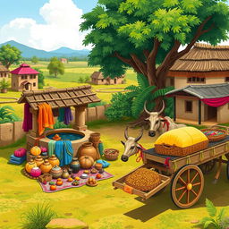 An illustrative scene of a vibrant Maharashtrian village setting, showcasing a traditional well surrounded by lush greenery