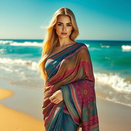 A stunning blonde woman elegantly draped in a vibrant, intricately designed saree, showcasing beautiful patterns and colors, standing on a picturesque beach