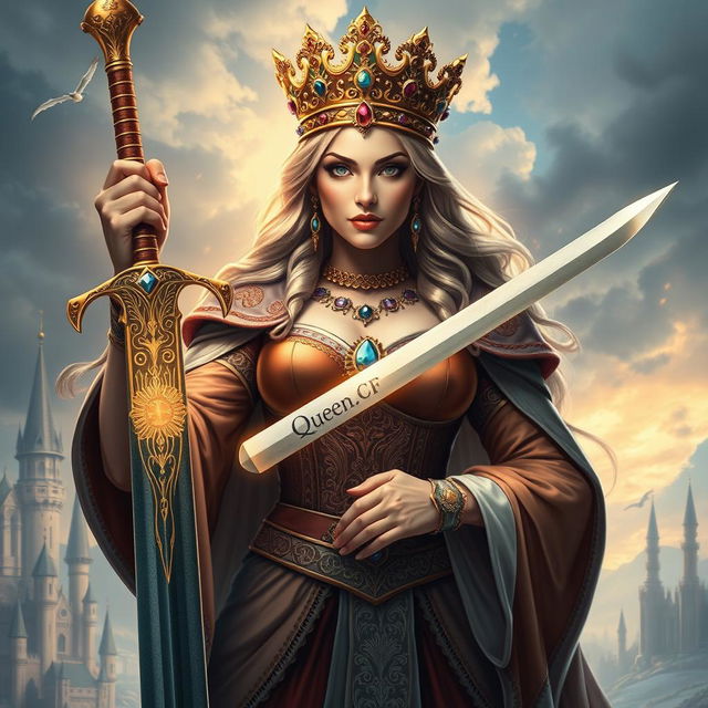 A regal queen standing boldly, holding a magnificent sword in one hand, adorned with intricate designs and gemstones