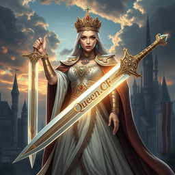 A regal queen standing boldly, holding a magnificent sword in one hand, adorned with intricate designs and gemstones