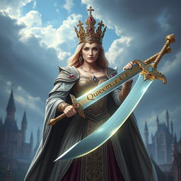 A regal queen standing boldly, holding a magnificent sword in one hand, adorned with intricate designs and gemstones