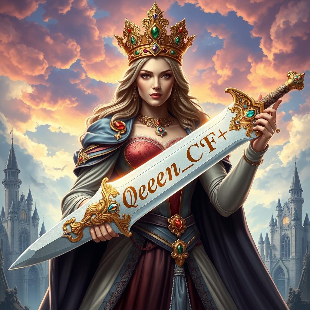 A regal queen standing boldly, holding a magnificent sword in one hand, adorned with intricate designs and gemstones