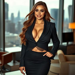 A voluptuous young woman in a sexy business suit, showcasing a confident and alluring pose
