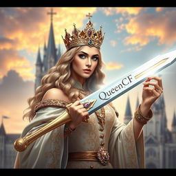 A majestic queen holding a beautifully crafted sword in one hand, exuding power and grace