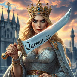 A majestic queen holding a beautifully crafted sword in one hand, exuding power and grace