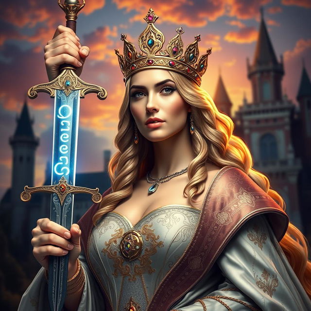 A majestic queen holding a beautifully crafted sword in one hand, exuding power and grace