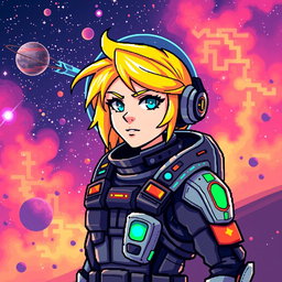 A futuristic space pilot with vibrant yellow hair, wearing a sleek and stylish spacesuit adorned with high-tech gadgets and glowing elements