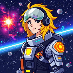 A futuristic space pilot with vibrant yellow hair, wearing a sleek and stylish spacesuit adorned with high-tech gadgets and glowing elements