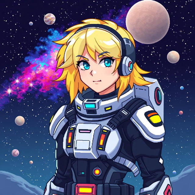 A futuristic space pilot with vibrant yellow hair, wearing a sleek and stylish spacesuit adorned with high-tech gadgets and glowing elements