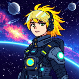 A futuristic space pilot with vibrant yellow hair, wearing a sleek and stylish spacesuit adorned with high-tech gadgets and glowing elements