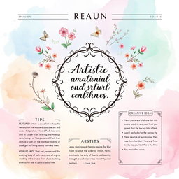 A beautifully illustrated one-page layout designed for a creative magazine, showcasing a vibrant and artistic theme