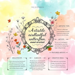 A beautifully illustrated one-page layout designed for a creative magazine, showcasing a vibrant and artistic theme