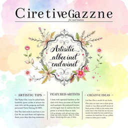 A beautifully illustrated one-page layout designed for a creative magazine, showcasing a vibrant and artistic theme