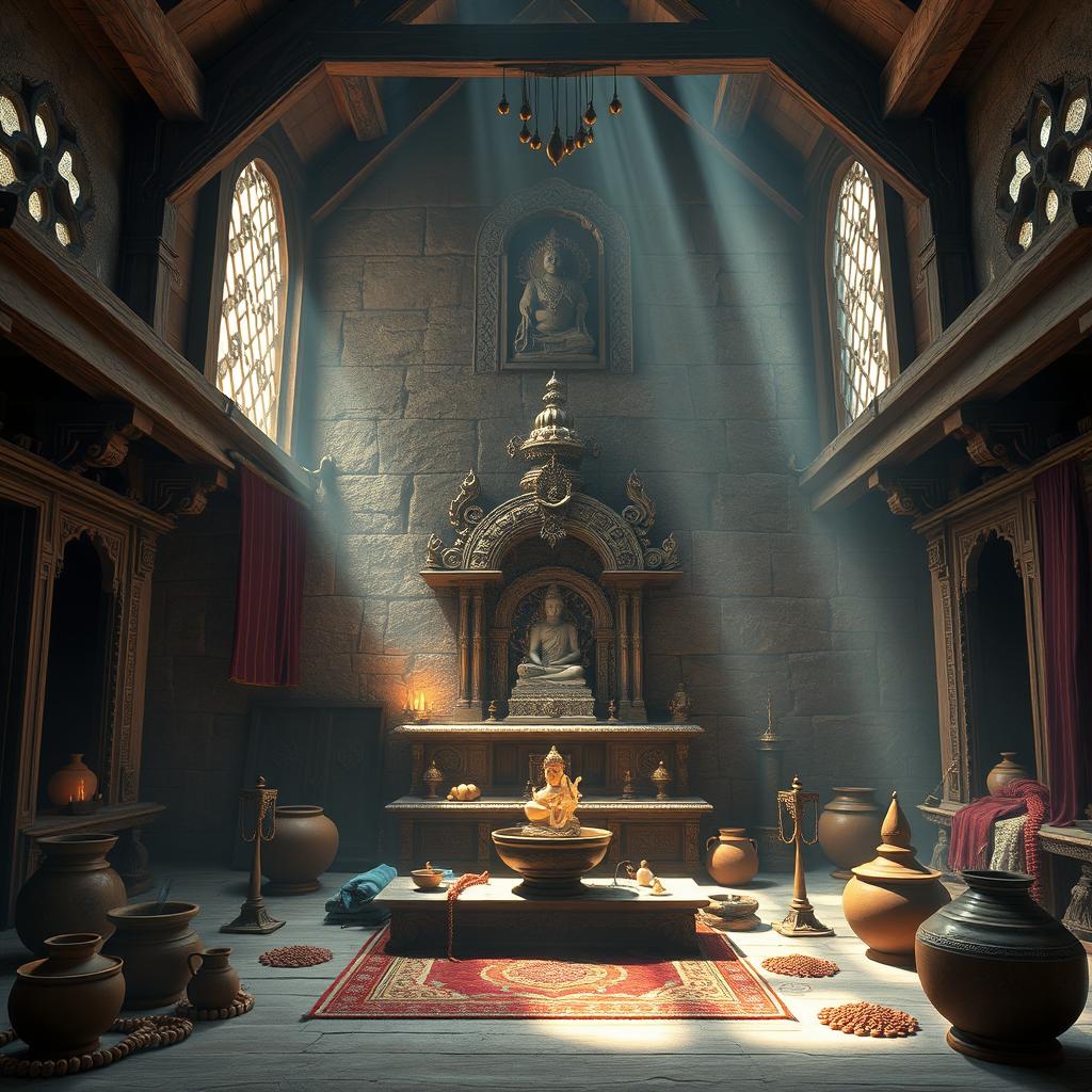 An immersive depiction of the interior of an ancient Hindu ashram, illustrating a serene and tranquil atmosphere