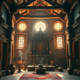 An immersive depiction of the interior of an ancient Hindu ashram, illustrating a serene and tranquil atmosphere