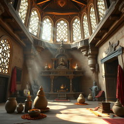 An immersive depiction of the interior of an ancient Hindu ashram, illustrating a serene and tranquil atmosphere