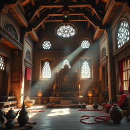 An immersive depiction of the interior of an ancient Hindu ashram, illustrating a serene and tranquil atmosphere