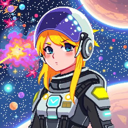 A future space pilot with bright yellow hair, depicted in pixel art style with a resolution of 64x64 pixels