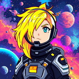 A future space pilot with bright yellow hair, depicted in pixel art style with a resolution of 64x64 pixels