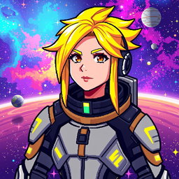 A future space pilot with bright yellow hair, depicted in pixel art style with a resolution of 64x64 pixels