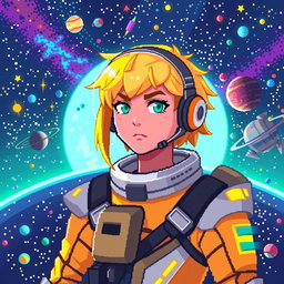 A future space pilot with bright yellow hair, depicted in pixel art style with a resolution of 64x64 pixels