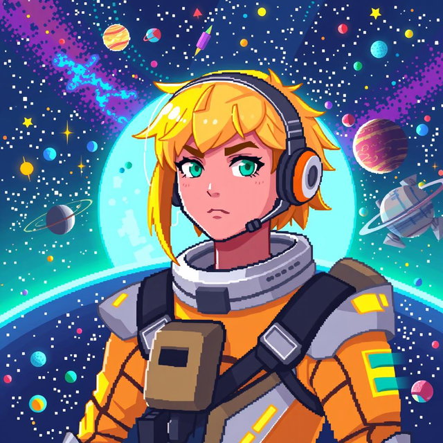 A future space pilot with bright yellow hair, depicted in pixel art style with a resolution of 64x64 pixels