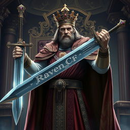 A powerful king standing tall, wielding a majestic sword in one hand
