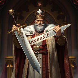 A powerful king standing tall, wielding a majestic sword in one hand