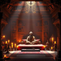 A serene depiction of an ancient Hindu ashram interior, focusing on a beautifully illuminated seating place of a Hindu saint or rishi