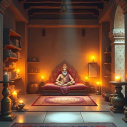 A serene depiction of an ancient Hindu ashram interior, focusing on a beautifully illuminated seating place of a Hindu saint or rishi