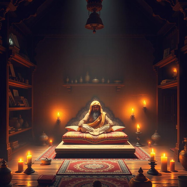 A serene depiction of an ancient Hindu ashram interior, focusing on a beautifully illuminated seating place of a Hindu saint or rishi