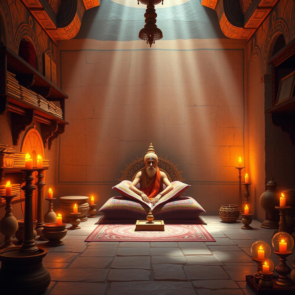 A serene depiction of an ancient Hindu ashram interior, focusing on a beautifully illuminated seating place of a Hindu saint or rishi