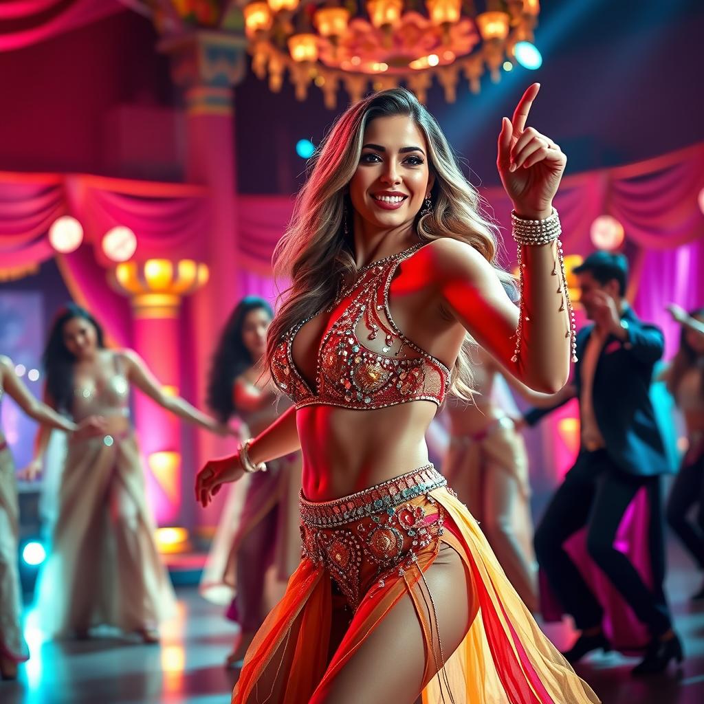 A stylish and glamorous woman resembling Jess Davies performing in a vibrant Bollywood item song