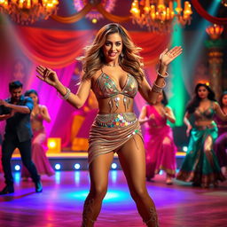 A stylish and glamorous woman resembling Jess Davies performing in a vibrant Bollywood item song
