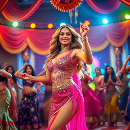 A stylish and glamorous woman resembling Jess Davies performing in a vibrant Bollywood item song