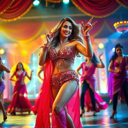 A stylish and glamorous woman resembling Jess Davies performing in a vibrant Bollywood item song