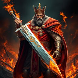 A powerful king standing confidently, wielding a magnificent sword in one hand