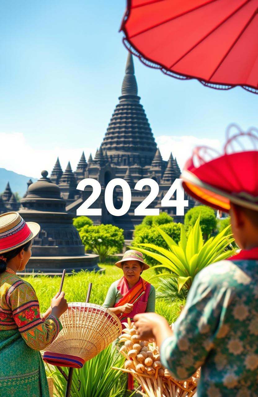 A vibrant and detailed scene showcasing the partnership program for 2024, highlighting the Borobudur Temple in the background, surrounded by the rich textile and woodcraft industries of Central Java